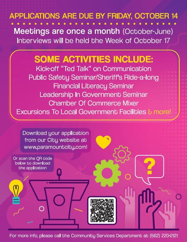 Meetings are once a month from October through June. Activities listed on flyer, QR code provided to download application