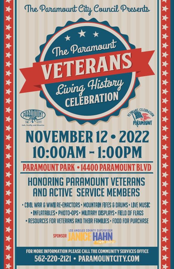 Paramount Veterans living history celebration, November 12 2022 from 10:00 AM to 1 PM at Paramount Park
